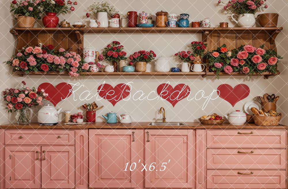 Kate Saint Valentin Cuisine Fleurs Rouge Cœur Toile de fond conçue par Emetselch - Kate Backdrop FR