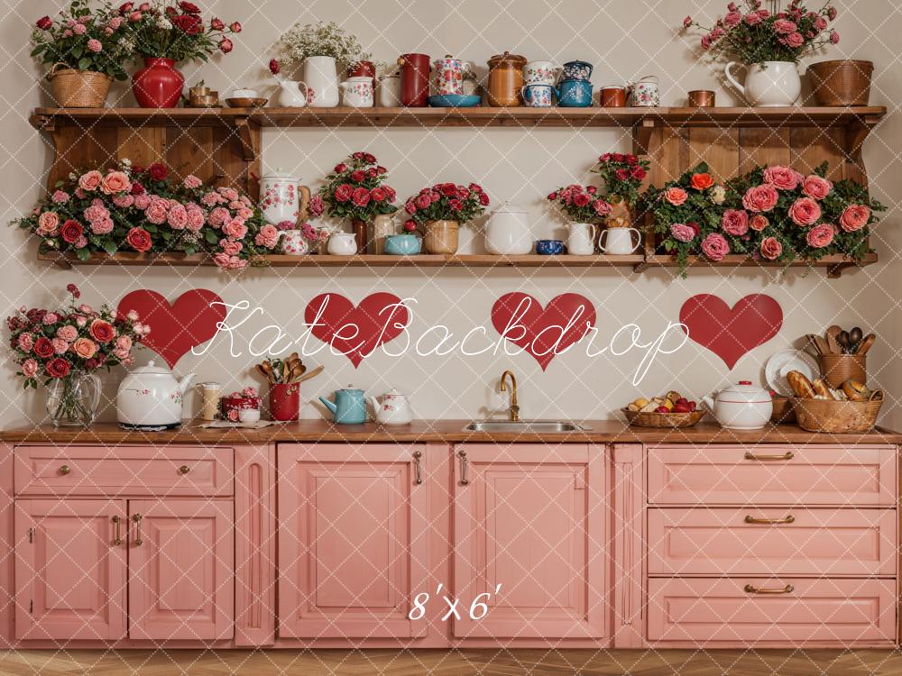 Kate Saint Valentin Cuisine Fleurs Rouge Cœur Toile de fond conçue par Emetselch - Kate Backdrop FR