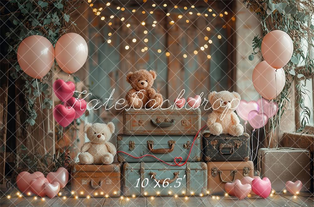 Kate Ours en peluche Valises Ballons Bokeh Toile de fond conçue par Laura Bybee - Kate Backdrop FR