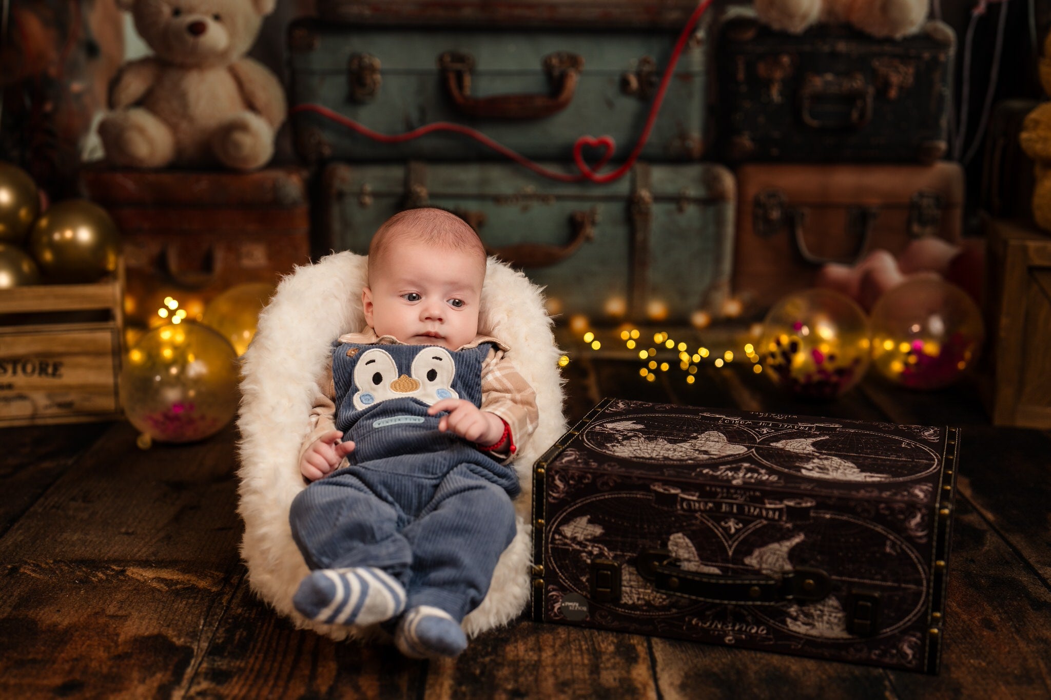Kate Ours en peluche Valises Ballons Bokeh Toile de fond conçue par Laura Bybee - Kate Backdrop FR