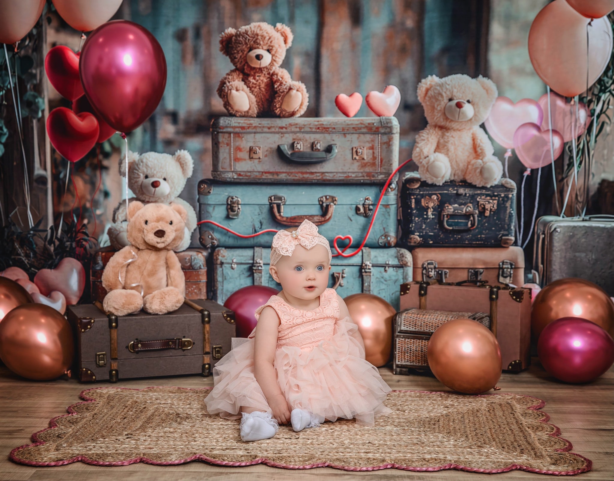 Kate Ours en peluche Valises Ballons Bokeh Toile de fond conçue par Laura Bybee - Kate Backdrop FR