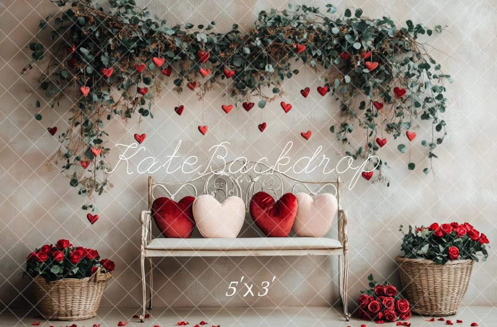 Kate Saint Valentin Coeur Fleur Banc Toile de fond conçue par Patty Roberts - Kate Backdrop FR
