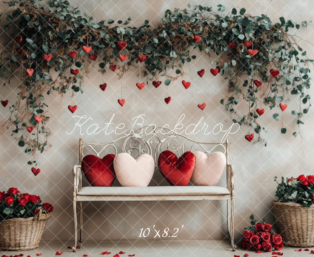 Kate Saint Valentin Coeur Fleur Banc Toile de fond conçue par Patty Roberts - Kate Backdrop FR