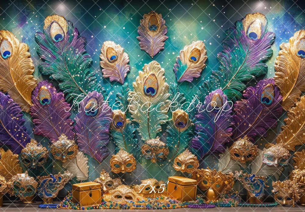 Kate Mardi Gras Plume de Paon Masque Mur Toile de fond conçue par Mini MakeBelieve - Kate Backdrop FR