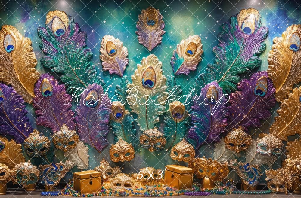 Kate Mardi Gras Plume de Paon Masque Mur Toile de fond conçue par Mini MakeBelieve - Kate Backdrop FR