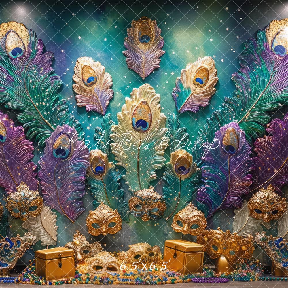 Kate Mardi Gras Plume de Paon Masque Mur Toile de fond conçue par Mini MakeBelieve - Kate Backdrop FR