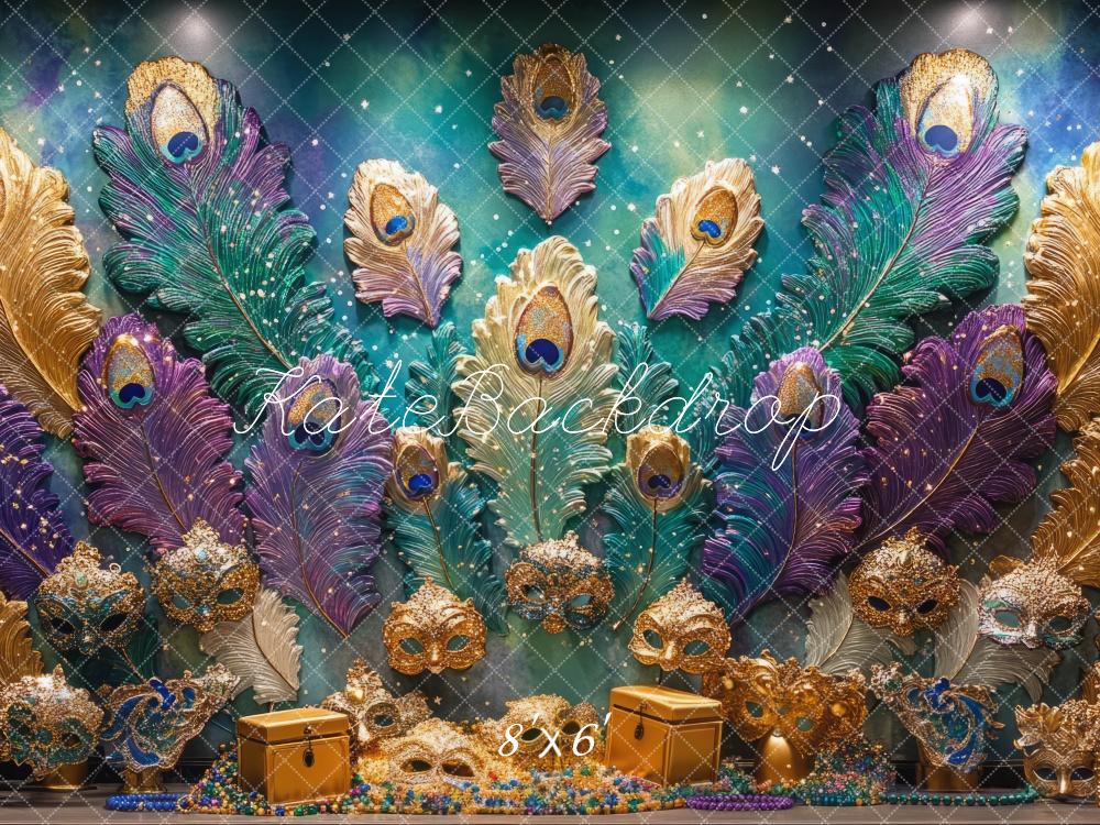 Kate Mardi Gras Plume de Paon Masque Mur Toile de fond conçue par Mini MakeBelieve - Kate Backdrop FR