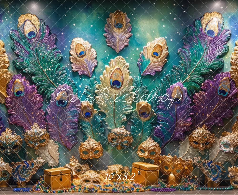 Kate Mardi Gras Plume de Paon Masque Mur Toile de fond conçue par Mini MakeBelieve - Kate Backdrop FR