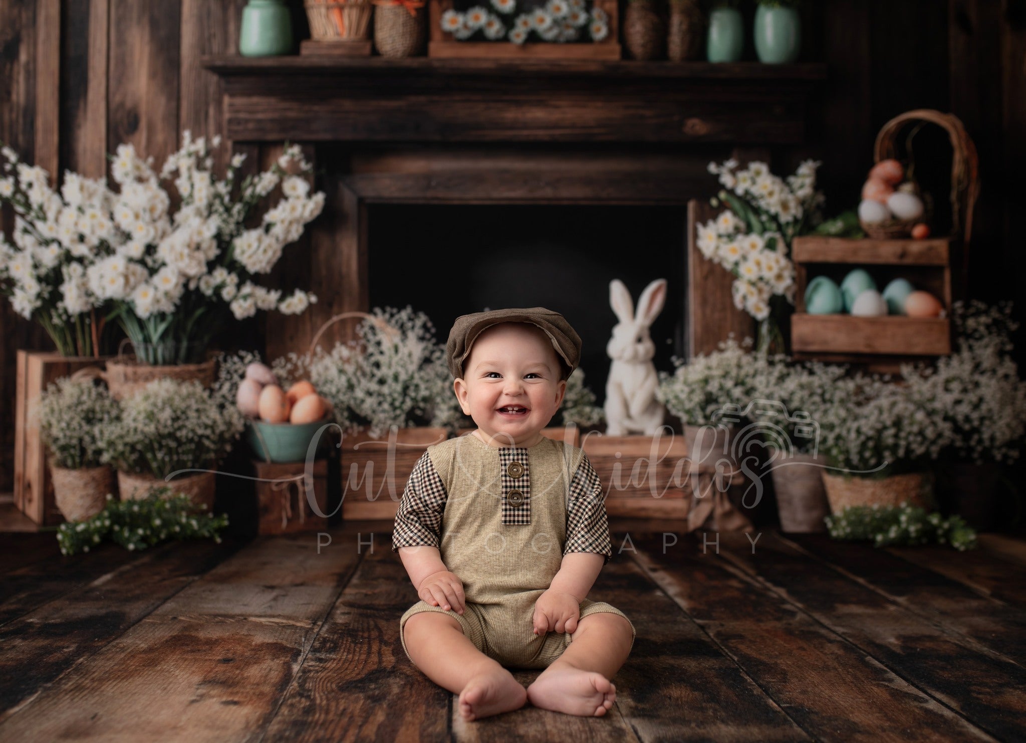 Kate Pâques Cheminée Lapin Rustique Floral Toile de fond conçue par Emetselch - Kate Backdrop FR