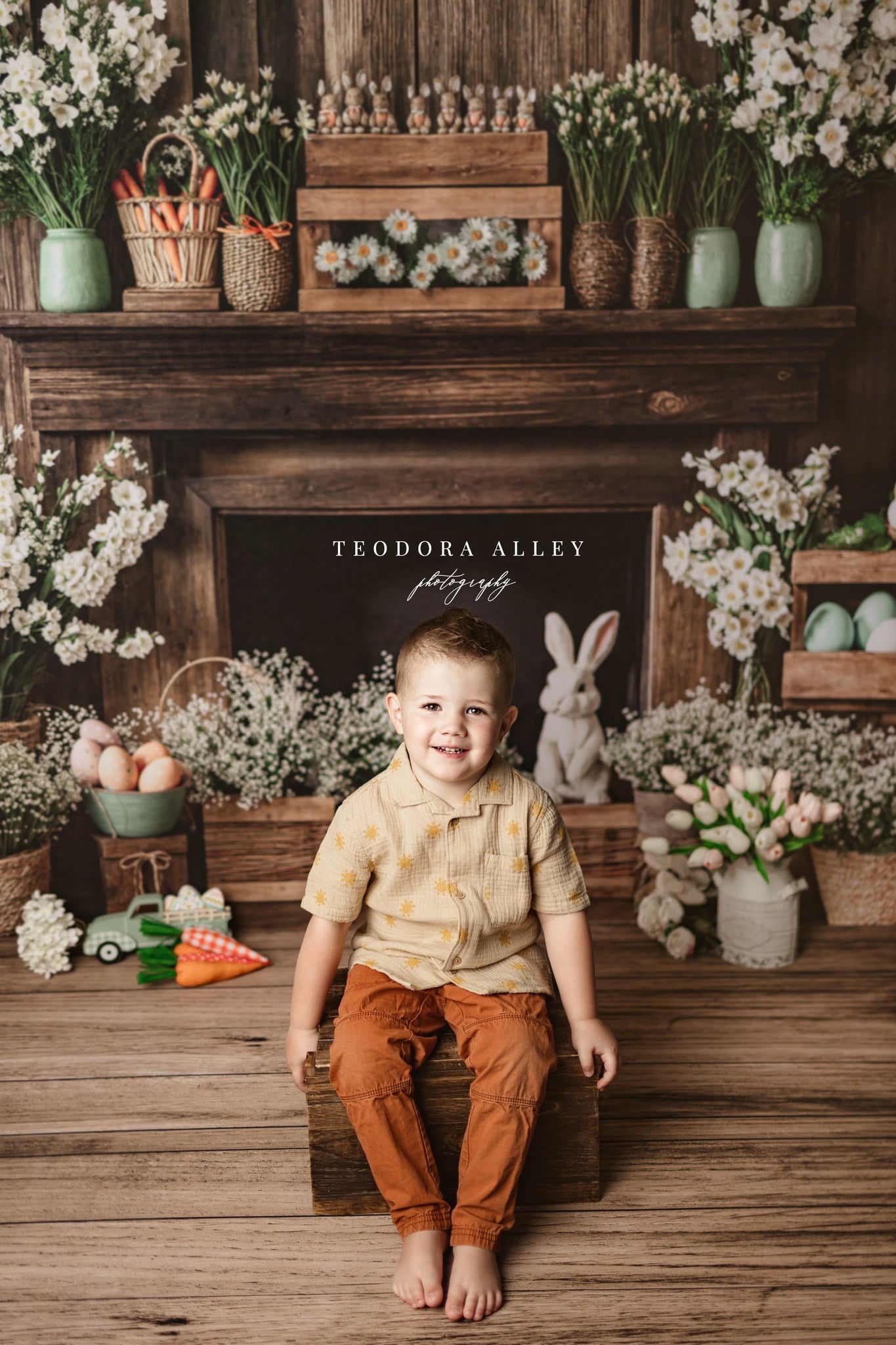 Kate Pâques Cheminée Lapin Rustique Floral Toile de fond conçue par Emetselch - Kate Backdrop FR