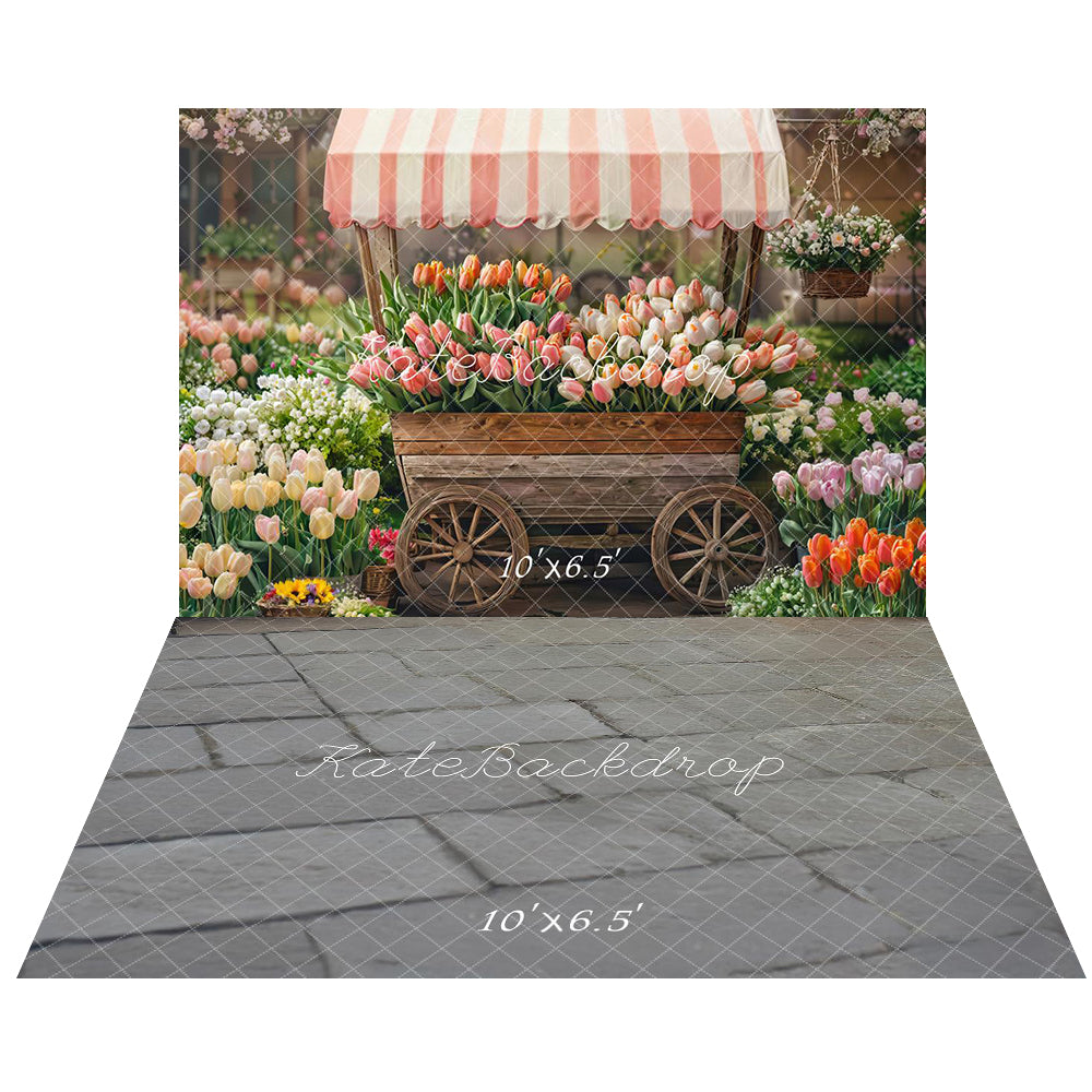 Kate Printemps Chariot de fleurs Tulipes Toile de fond+Pierre Brique Gris Sol Toile de fond - Kate Backdrop FR