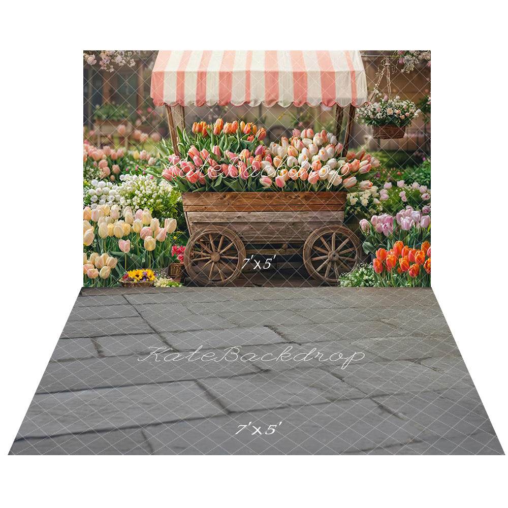 Kate Printemps Chariot de fleurs Tulipes Toile de fond+Pierre Brique Gris Sol Toile de fond - Kate Backdrop FR