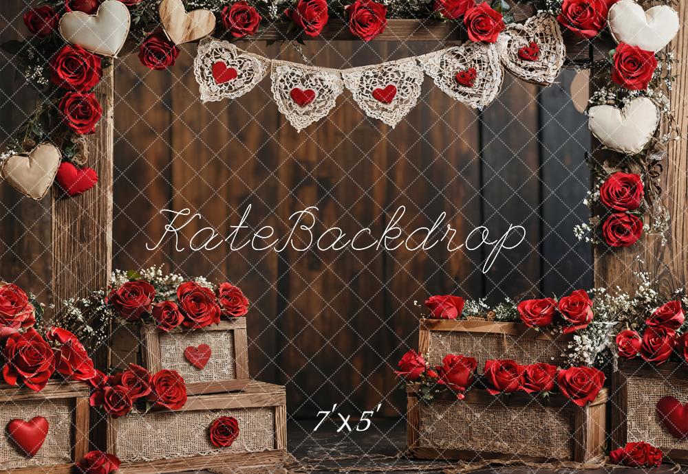 Kate Saint Valentin Rustique Roses Mur en bois Toile de fond conçue par Emetselch - Kate Backdrop FR