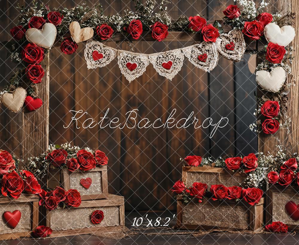 Kate Saint Valentin Rustique Roses Mur en bois Toile de fond conçue par Emetselch - Kate Backdrop FR