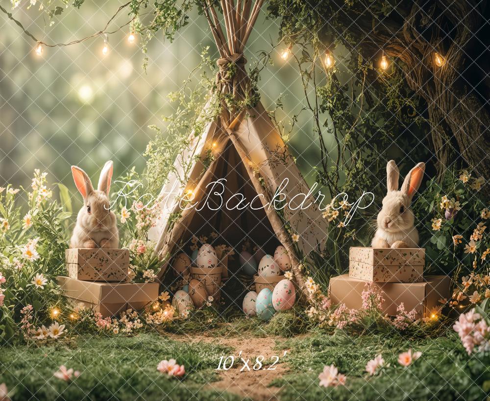 Kate Pâques Lapin Tipi Forêt Vert Lumière Toile de fond conçue par Emetselch - Kate Backdrop FR