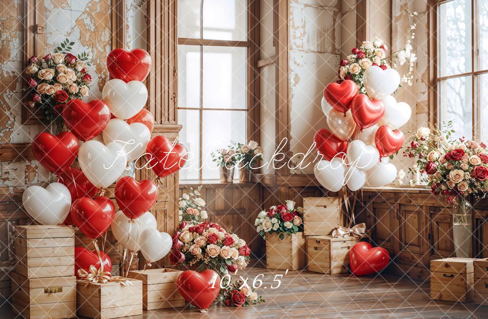 Kate Saint Valentin Ballons Fleurs Boîtes en bois Toile de fond conçue par Emetselch - Kate Backdrop FR