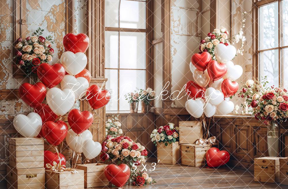 Kate Saint Valentin Ballons Fleurs Boîtes en bois Toile de fond conçue par Emetselch - Kate Backdrop FR