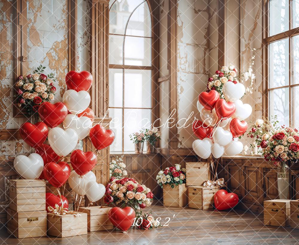 Kate Saint Valentin Ballons Fleurs Boîtes en bois Toile de fond conçue par Emetselch - Kate Backdrop FR