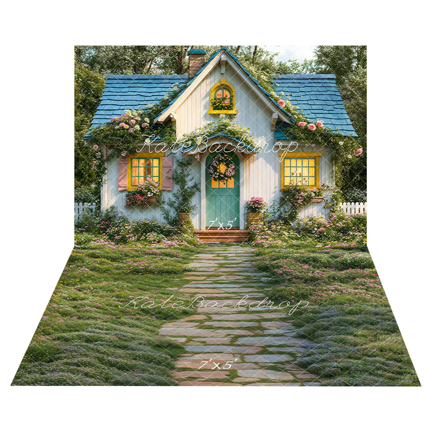 Kate Printemps Maison Jardin Fleurs Toile de fond+Vert Jardin Allée Sol Toile de fond - Kate Backdrop FR