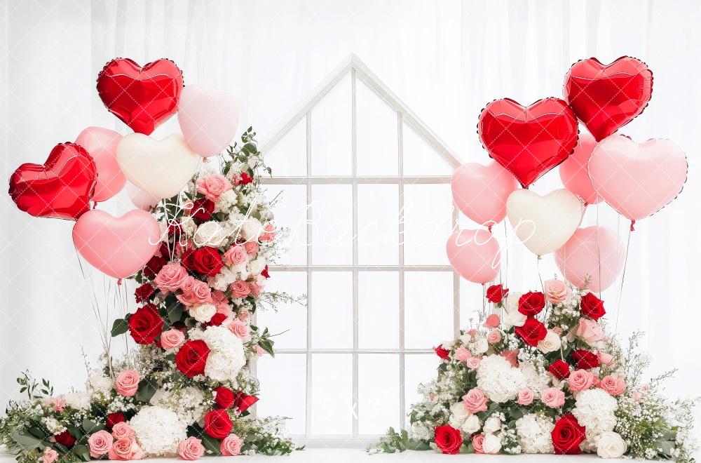 Kate Saint Valentin Cœur Ballons Roses Toile de fond conçue par Patty Roberts - Kate Backdrop FR