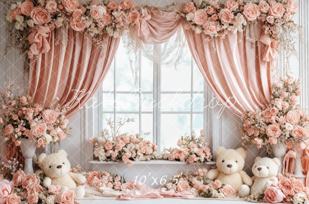 Kate Saint Valentin Fenêtre Nounours Rose Fleurs Toile de fond conçue par Patty Roberts - Kate Backdrop FR