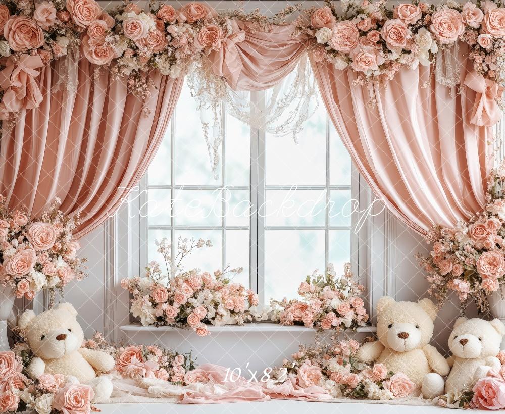 Kate Saint Valentin Fenêtre Nounours Rose Fleurs Toile de fond conçue par Patty Roberts - Kate Backdrop FR