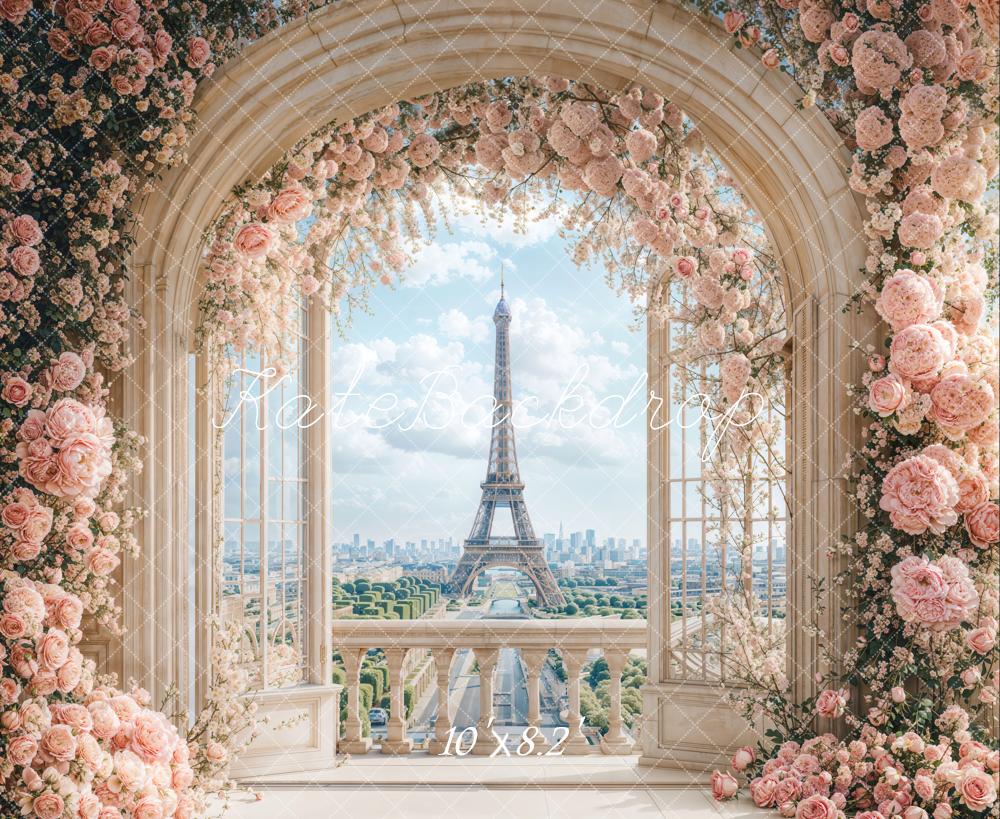 Kate Printemps Fleurs Rose Arche Paris Tour Toile de fond conçue par Emetselch - Kate Backdrop FR