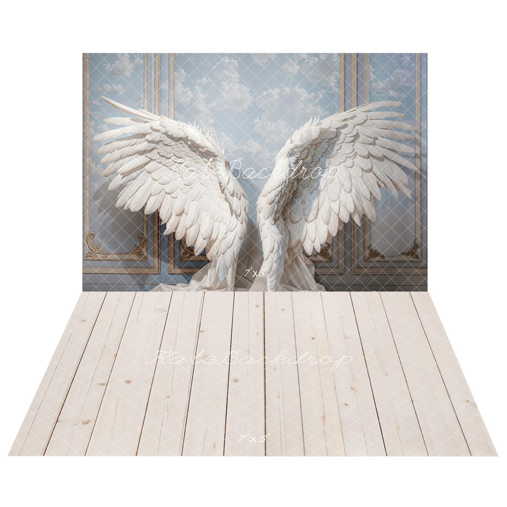 Kate Ailes d'ange Blanc Portrait Toile de fond+Beige Planche de bois Sol Toile de fond - Kate Backdrop FR
