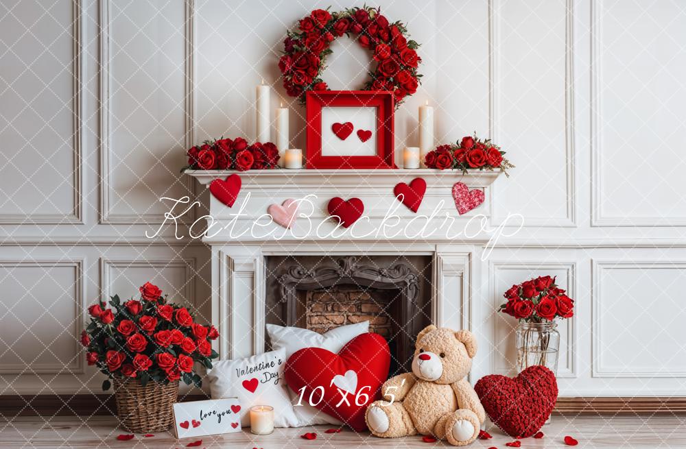 Kate Saint Valentin Cheminée Nounours Roses Toile de fond conçue par Emetselch - Kate Backdrop FR
