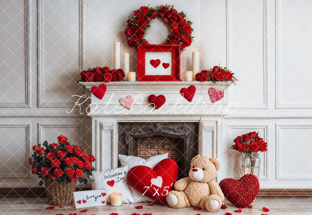 Kate Saint Valentin Cheminée Nounours Roses Toile de fond conçue par Emetselch - Kate Backdrop FR