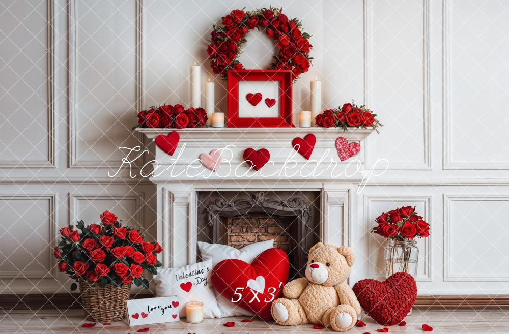 Kate Saint Valentin Cheminée Nounours Roses Toile de fond conçue par Emetselch - Kate Backdrop FR