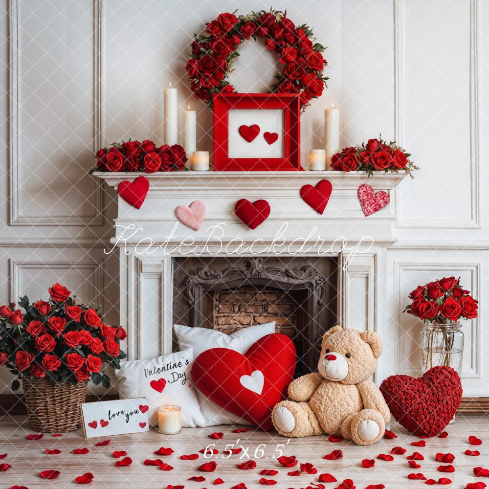 Kate Saint Valentin Cheminée Nounours Roses Toile de fond conçue par Emetselch - Kate Backdrop FR