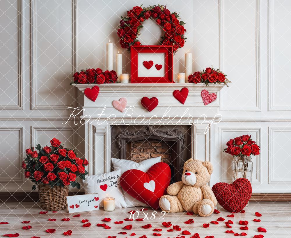 Kate Saint Valentin Cheminée Nounours Roses Toile de fond conçue par Emetselch - Kate Backdrop FR