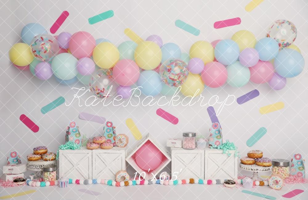Kate Pastels Ballons Paillettes Donut Cake Smash Toile de fond conçu par Melissa King - Kate Backdrop FR