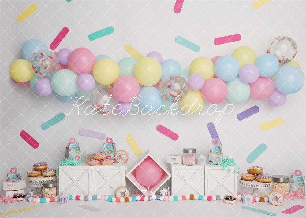 Kate Pastels Ballons Paillettes Donut Cake Smash Toile de fond conçu par Melissa King - Kate Backdrop FR