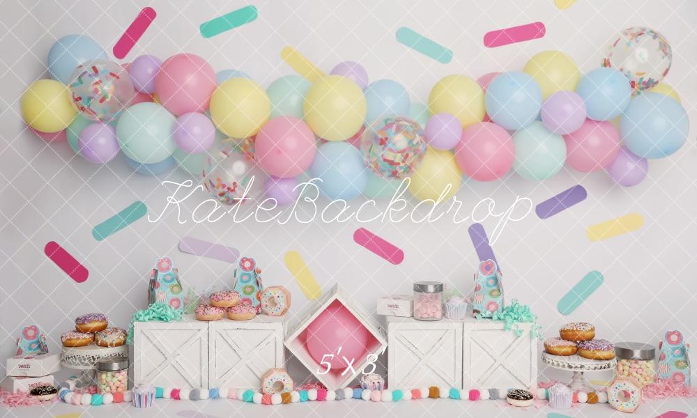Kate Pastels Ballons Paillettes Donut Cake Smash Toile de fond conçu par Melissa King - Kate Backdrop FR