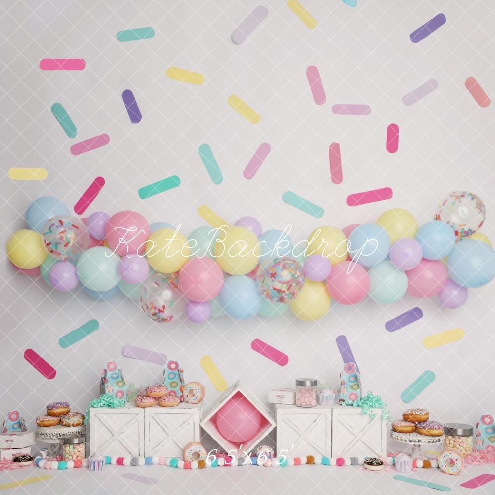 Kate Pastels Ballons Paillettes Donut Cake Smash Toile de fond conçu par Melissa King - Kate Backdrop FR