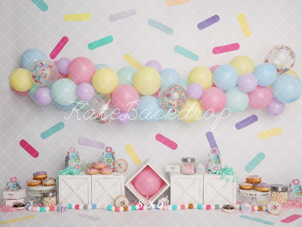 Kate Pastels Ballons Paillettes Donut Cake Smash Toile de fond conçu par Melissa King - Kate Backdrop FR