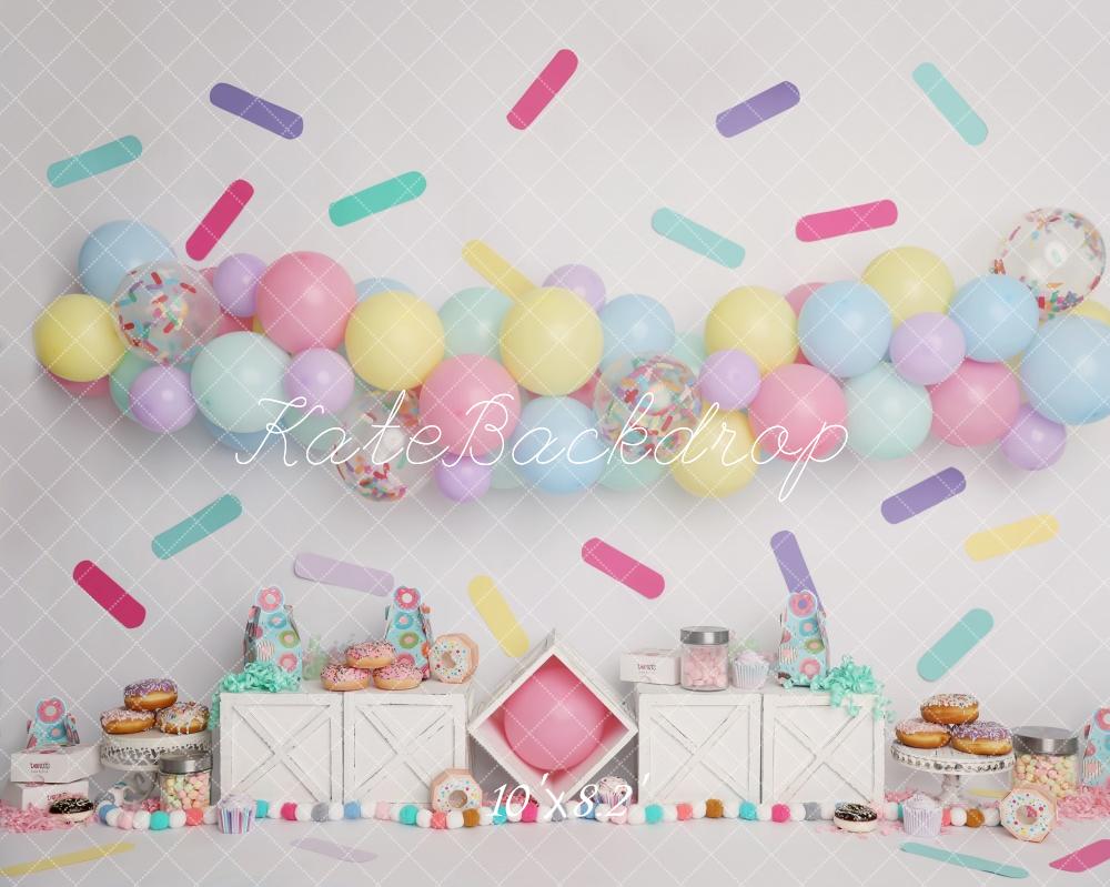 Kate Pastels Ballons Paillettes Donut Cake Smash Toile de fond conçu par Melissa King - Kate Backdrop FR