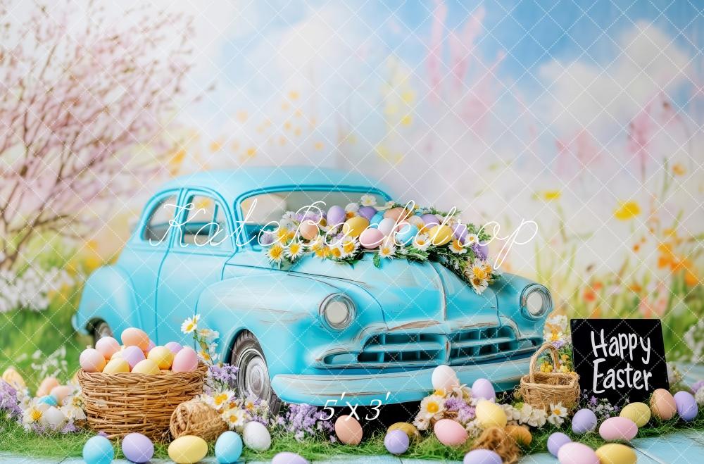 Kate Pâques Œufs Voiture Bleu Vintage Toile de fond conçue par Patty Roberts - Kate Backdrop FR