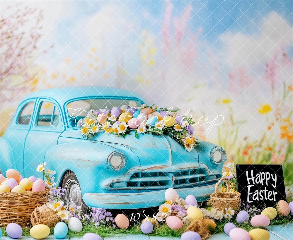 Kate Pâques Œufs Voiture Bleu Vintage Toile de fond conçue par Patty Roberts - Kate Backdrop FR