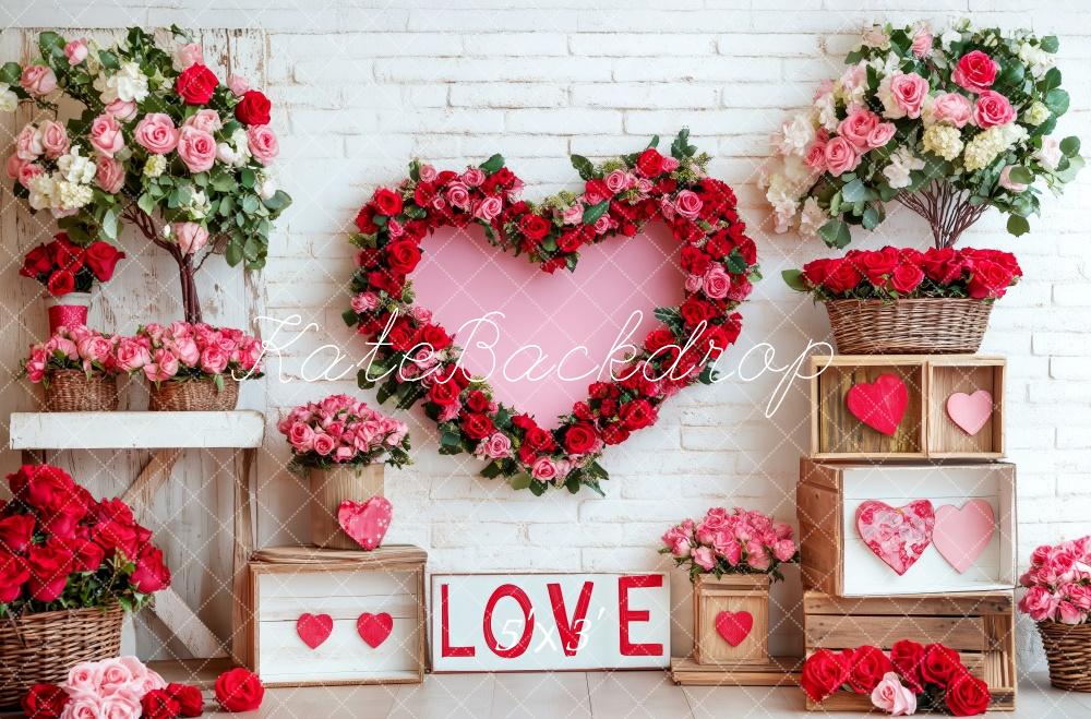 Kate Saint Valentin Fleurs Rouge Cœur Toile de fond conçue par Patty Roberts - Kate Backdrop FR