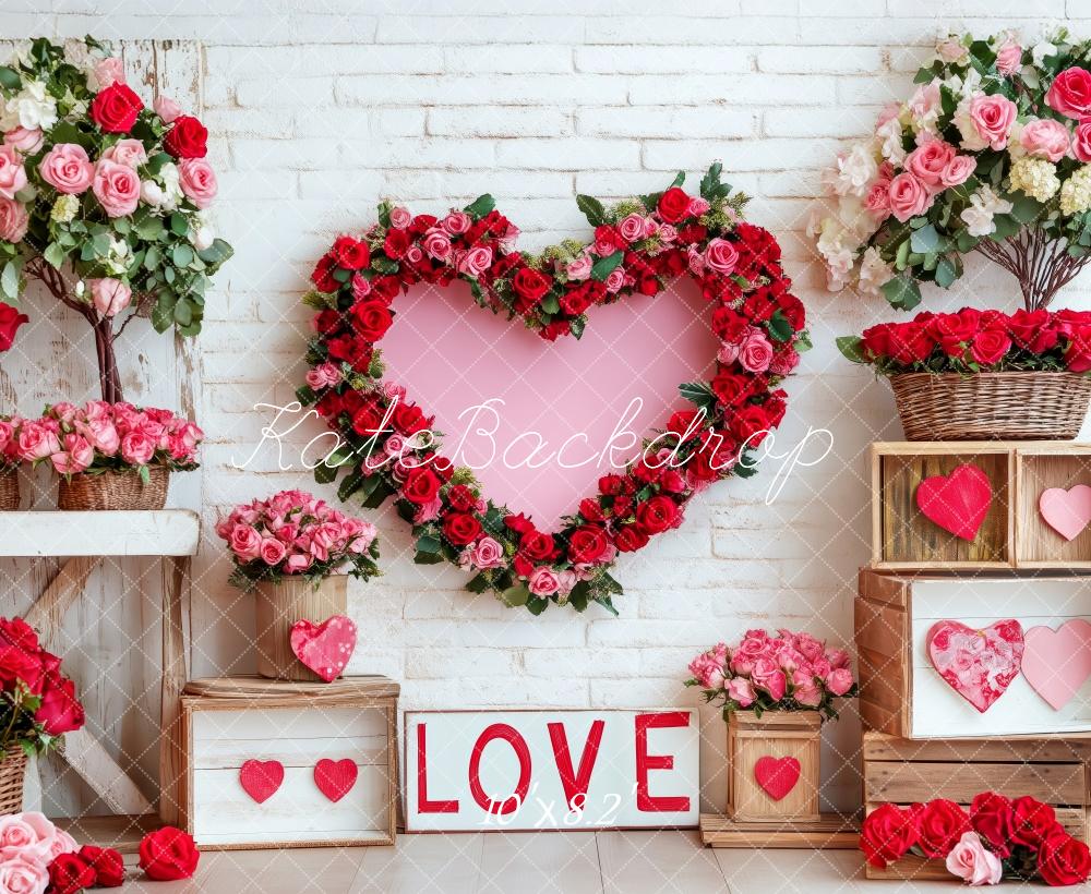 Kate Saint Valentin Fleurs Rouge Cœur Toile de fond conçue par Patty Roberts - Kate Backdrop FR