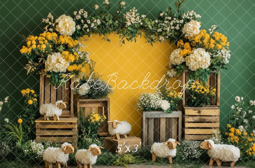 Kate Printemps Mouton Jaune Fleurs Toile de fond conçue par Patty Roberts - Kate Backdrop FR