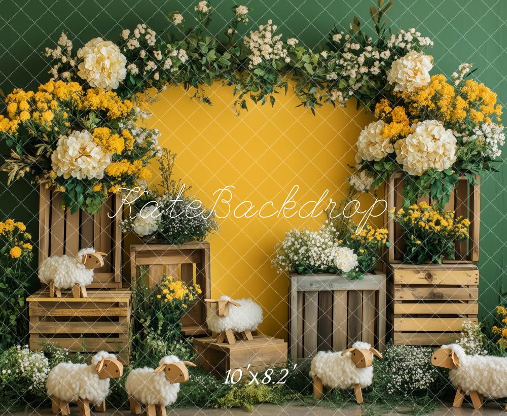 Kate Printemps Mouton Jaune Fleurs Toile de fond conçue par Patty Roberts - Kate Backdrop FR