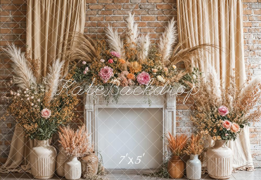 Kate Bohème Fleurs Cheminée Beige Rideau Toile de fond conçue par Emetselch - Kate Backdrop FR