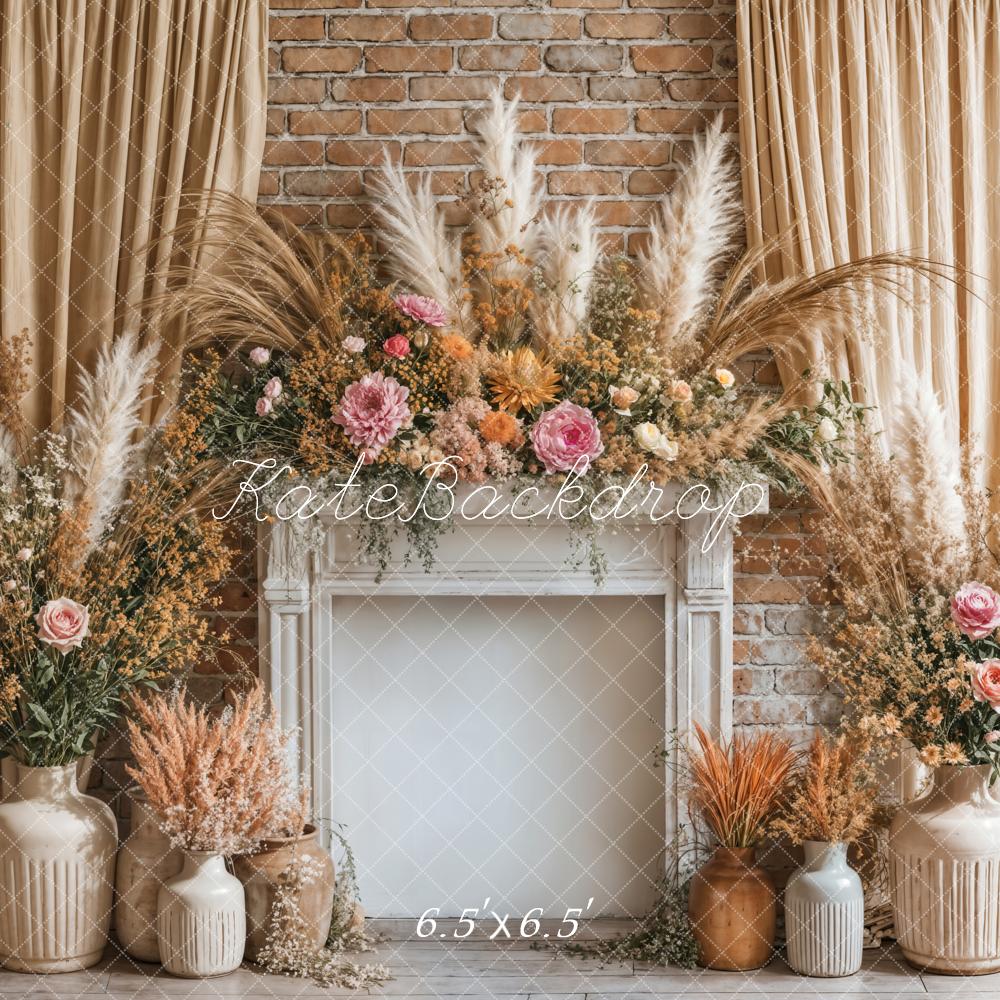 Kate Bohème Fleurs Cheminée Beige Rideau Toile de fond conçue par Emetselch - Kate Backdrop FR