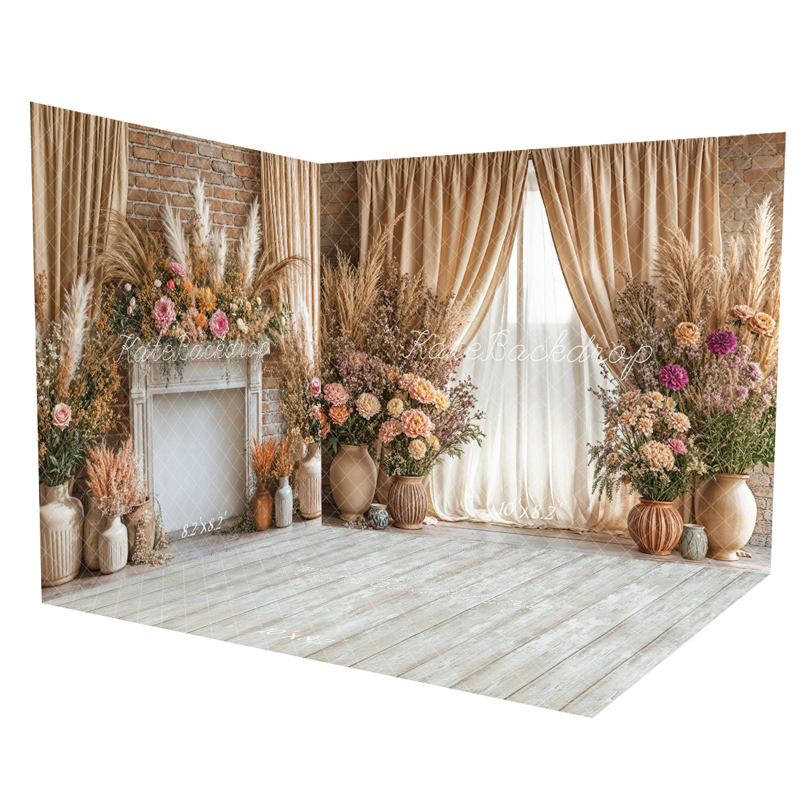 Kate Bohème Fleur Cheminée Rideau Beige Ensemble de chambre - Kate Backdrop FR