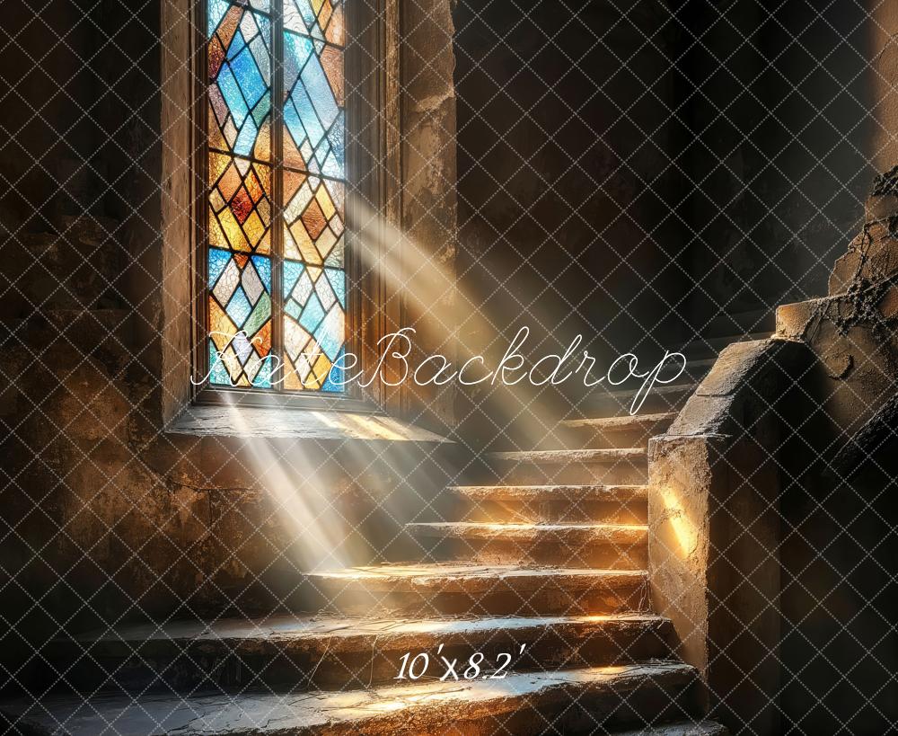 Kate Église Vitraux Escalier en Cascade Toile de fond conçue par Emetselch - Kate Backdrop FR