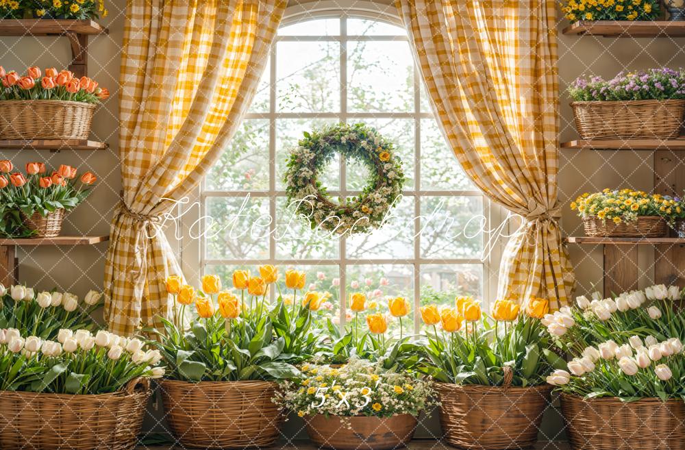 Kate Printemps Fleurs Tulipes Fenêtre Jaune Toile de fond conçue par Emetselch - Kate Backdrop FR